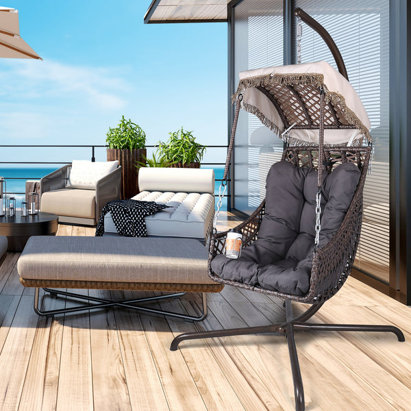 Supfirm (SAME AS W1132135315) Swing Egg Chair with Stand Indoor Outdoor, UV Resistant Black Cushion Hanging Chair with Cup Holder, Wicker Rattan Frame 350lbs Capacity for Patio Bedroom with Sunshade Cloth