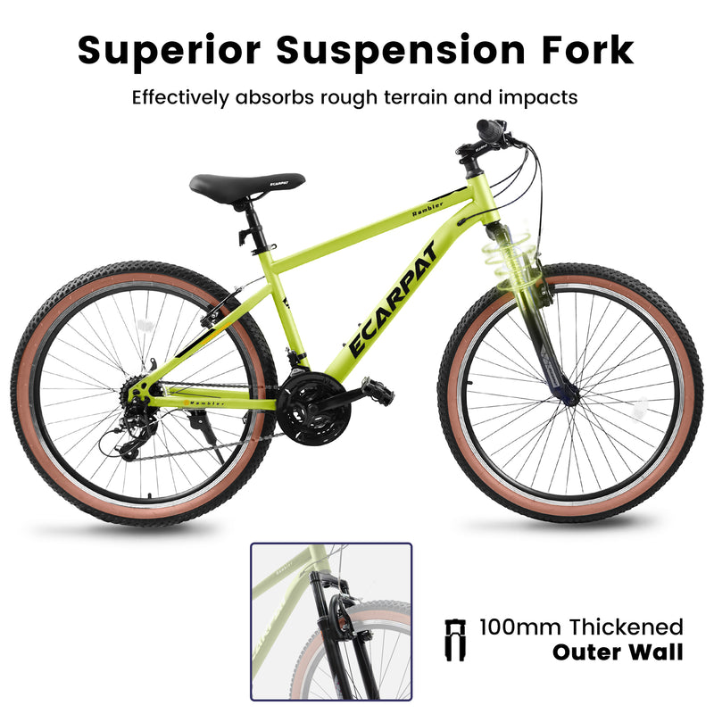 Supfirm A26301 Ecarpat Mountain Bike 26 Inch Wheels, 21-Speed Mens Womens Trail Commuter City Mountain Bike, Carbon steel Frame V Brakes Grip Shifter Front Fork Bicycles