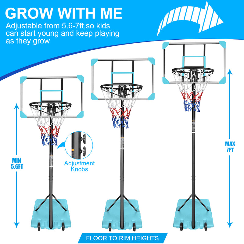 Supfirm Portable Basketball Goal System with Stable Base and Wheels, use for Indoor Outdoor teenagers youth height adjustable 5.6 to 7ft Basketball Hoop 28 Inch Backboard