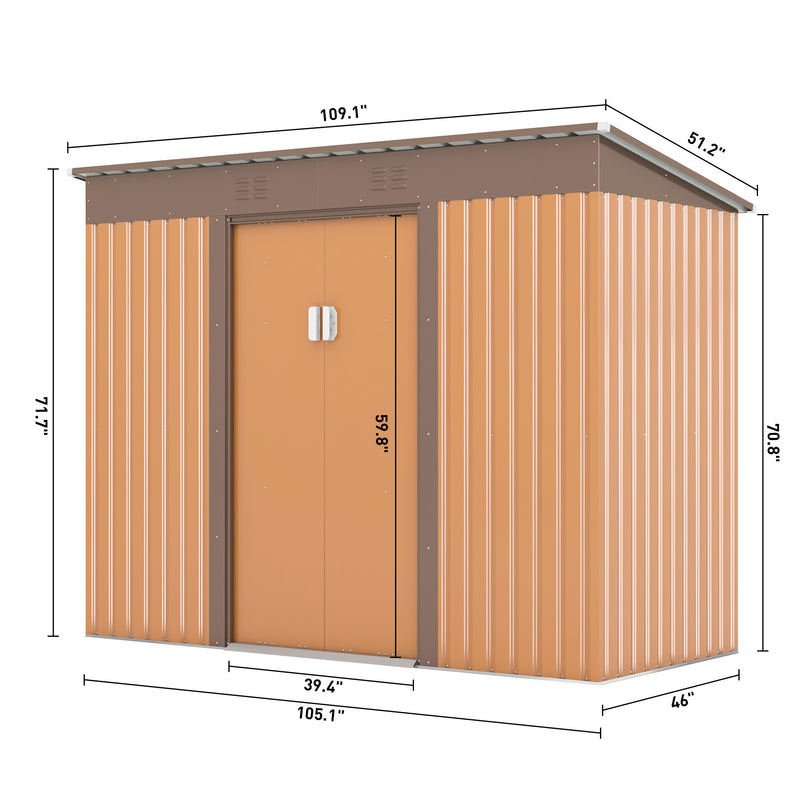 Supfirm 4.2 x 9.1 Ft Outdoor Storage Shed, Metal Tool Shed with Lockable Doors Vents, Utility Garden Shed for Patio Lawn Backyard,Brown