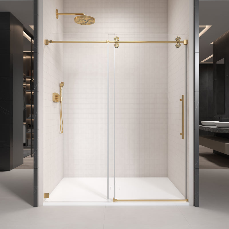 Supfirm 44'' - 48'' W x 76'' H Single Sliding Frameless Shower Door With 3/8 Inch (10mm) Clear Glass in Brushed Gold