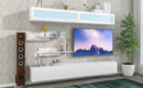 ON-TREND Wall Mount Floating TV Stand with Four Media Storage Cabinets and Two Shelves, Modern High Gloss Entertainment Center for 95+ Inch TV, 16-color RGB LED Lights for Living Room, Bedroom, White - Supfirm