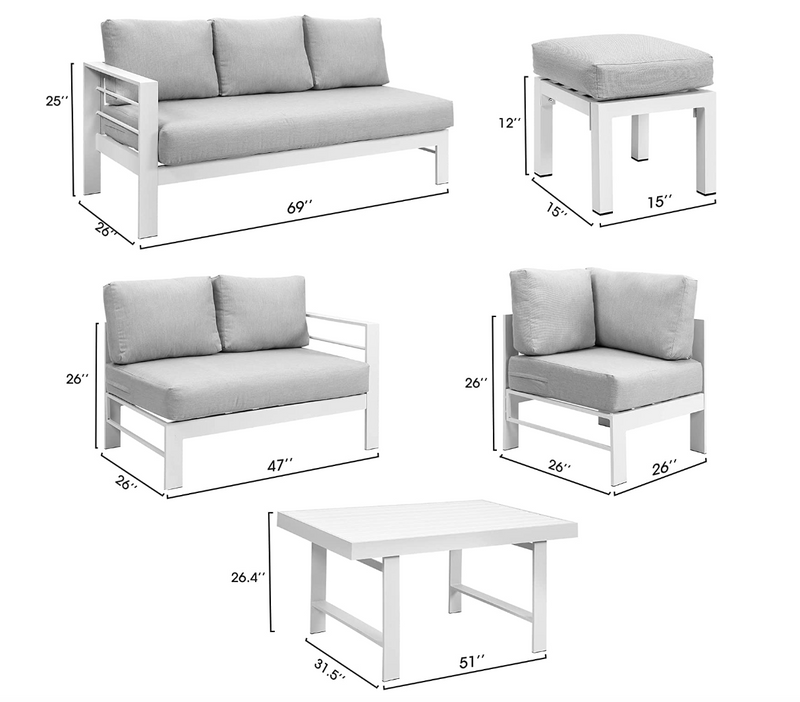 Supfirm 6-Pieces Outdoor Dining Set, White Aluminum Frame with Light Grey Cushions