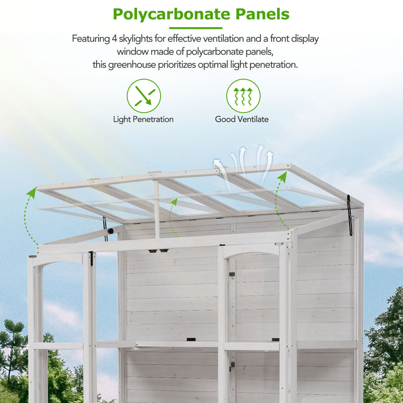 Supfirm TOPMAX 78-inch Wooden Greenhouse Cold Frame with 4 Independent Skylights and 2 Folding Middle Shelves, Walk-in Outdoor Greenhouse, White