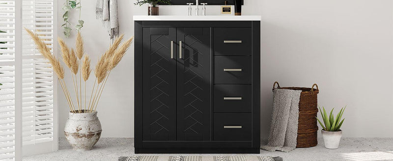 Supfirm 30'' Bathroom Vanity with Resin Sink Combo,Solid Wood Frame Bathroom Storage Cabinet, Freestanding Vanity Set with 3 Drawers& Soft Closing Doors - Supfirm