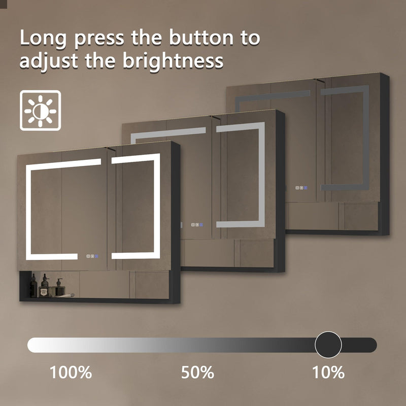 Supfirm Lighted Medicine Cabinet 36 x 32 Inch, Recessed or Surface , Clock, Room Temp Display,Defog,Night Light,Stepless Dimming,3000K-6400K, Outlets & USBs,Double Sided Mirror.Black External Storage Shelf - Supfirm