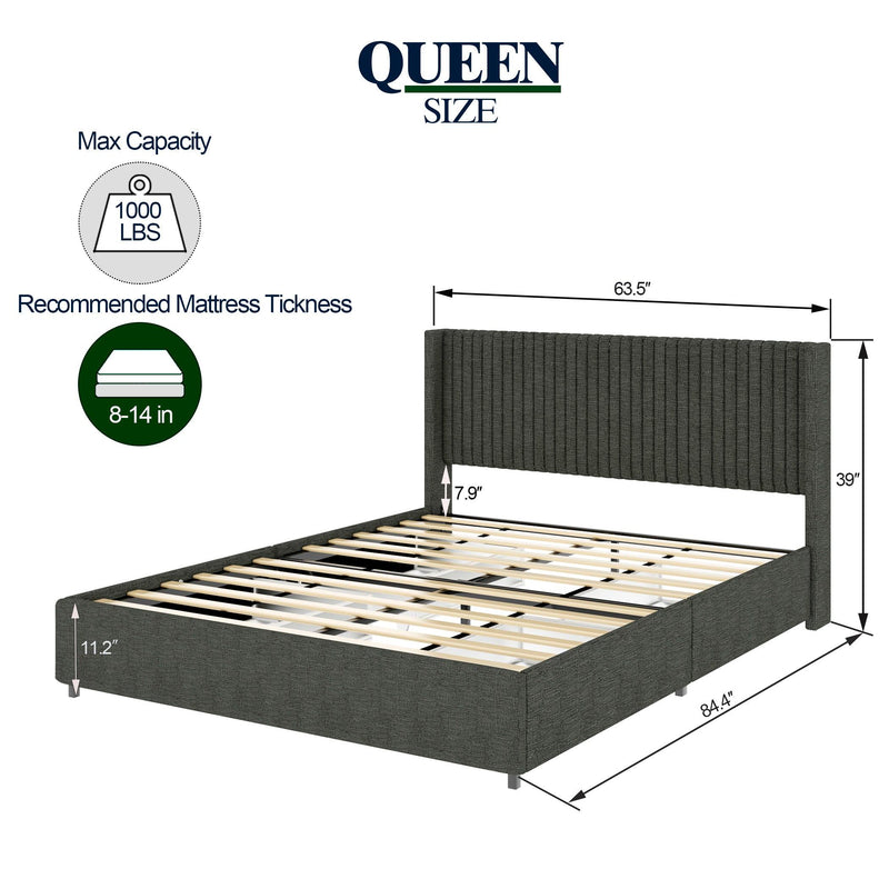 Anna Queen Size Gray Linen Upholstered Wingback Platform Bed with Patented 4 Drawers Storage, Modern Design Headboard with Tight Channel, Wooden Slat Mattress Support No Box Spring Needed - Supfirm