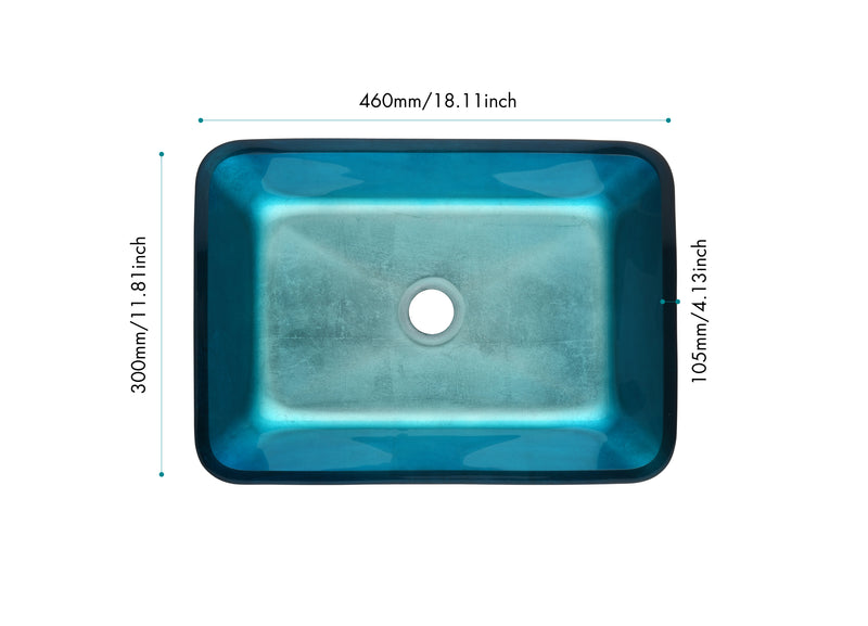 Supfirm 18.125" L -13.0" W -4 1/8" H Handmade Countertop Glass Rectangular Vessel Bathroom Sink Set in Turquoise Finish with Matte Black Single-Handle Single Hole Faucet and Pop Up Drain