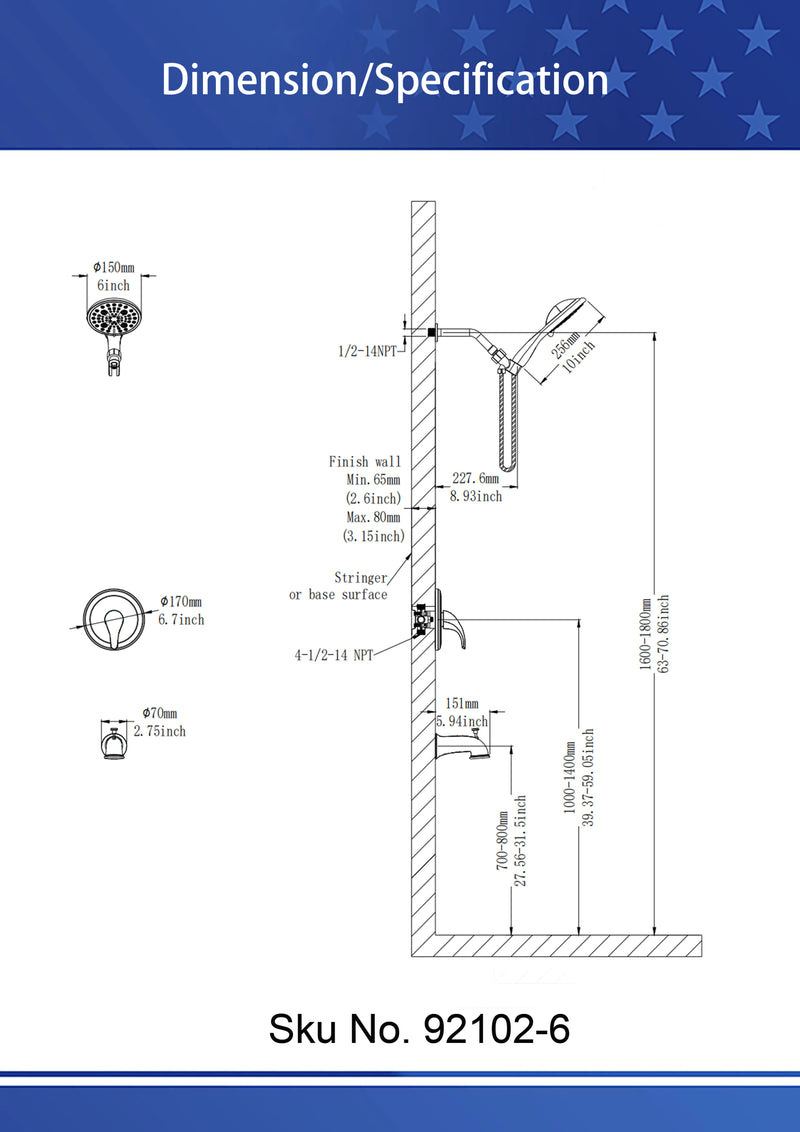 Supfirm 6 In. Detachable Handheld Shower Head Shower Faucet Shower System