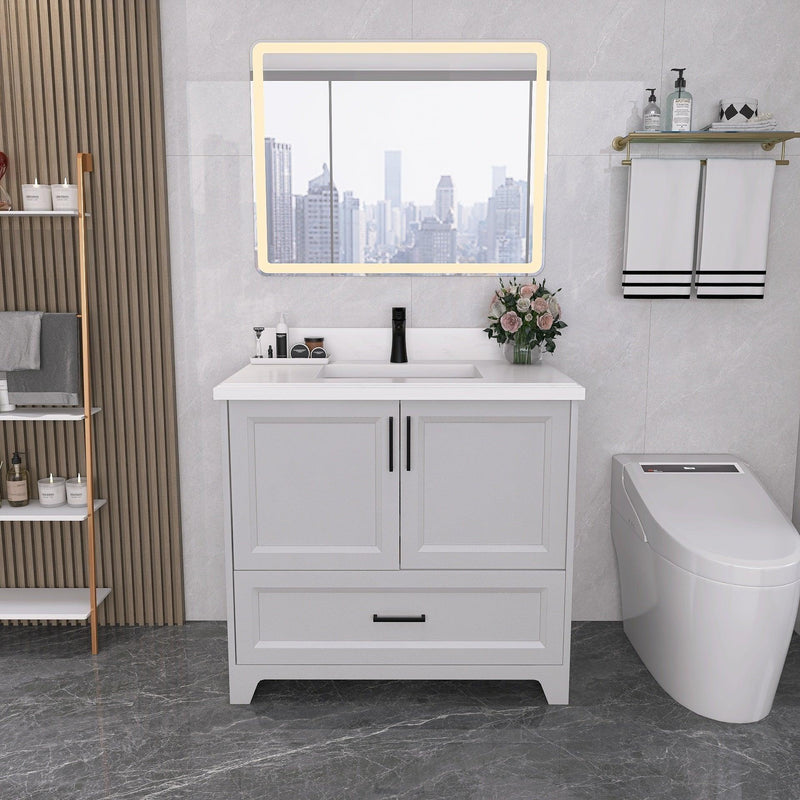 Solid Wood 36" Bathroom Vanity with Sink Combo, Modern Undermount Single Bathroom Cabinet Set, Includes Countertop & Integrated Sink, Soft Closing Doors & Drawers, Bathroom Dresser Light Gray - Supfirm