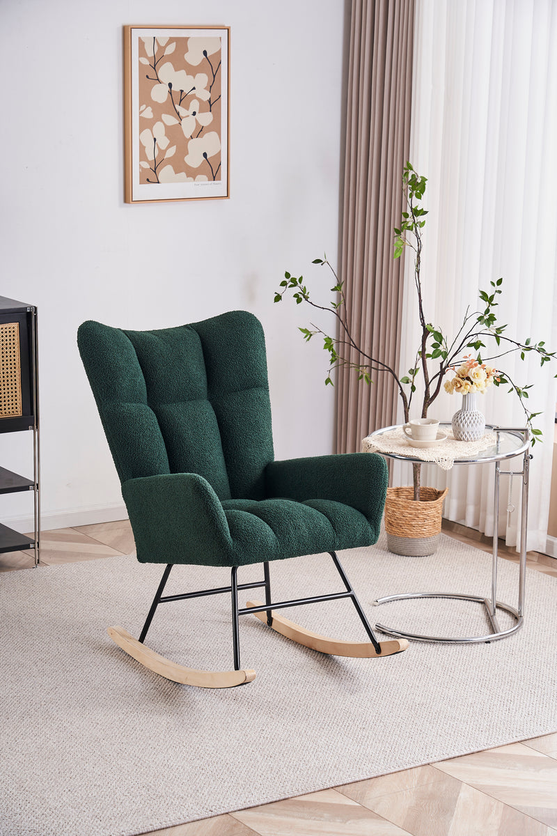 Supfirm Rocking Chair Nursery, Solid Wood Legs Reading Chair with Teddy Fabric Upholstered , Nap Armchair for Living Rooms, Bedrooms, Offices, Best Gift,Emerald Teddy fabric