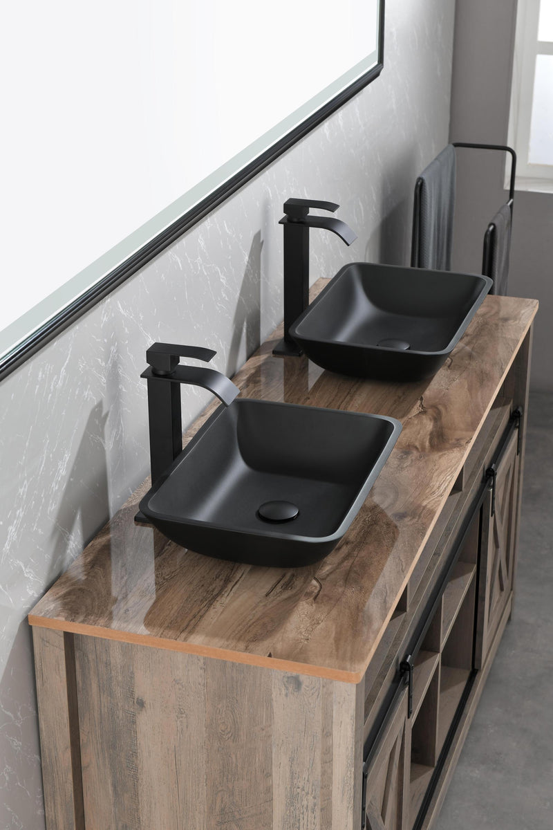 Supfirm Supfirm 13.0" L -18.13" W -4" H Matte Shell Glass Rectangular Vessel Bathroom Sink in Black with Matte Black Faucet and Pop-Up Drain in Matte Black