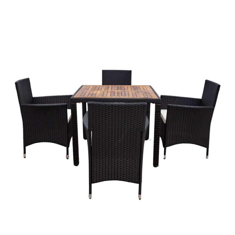 Supfirm EELIFEE 5 piece Outdoor Patio Wicker Dining Set Patio Wicker Furniture Dining Set w/Acacia Wood Top Black Wicker + Creme Cushion