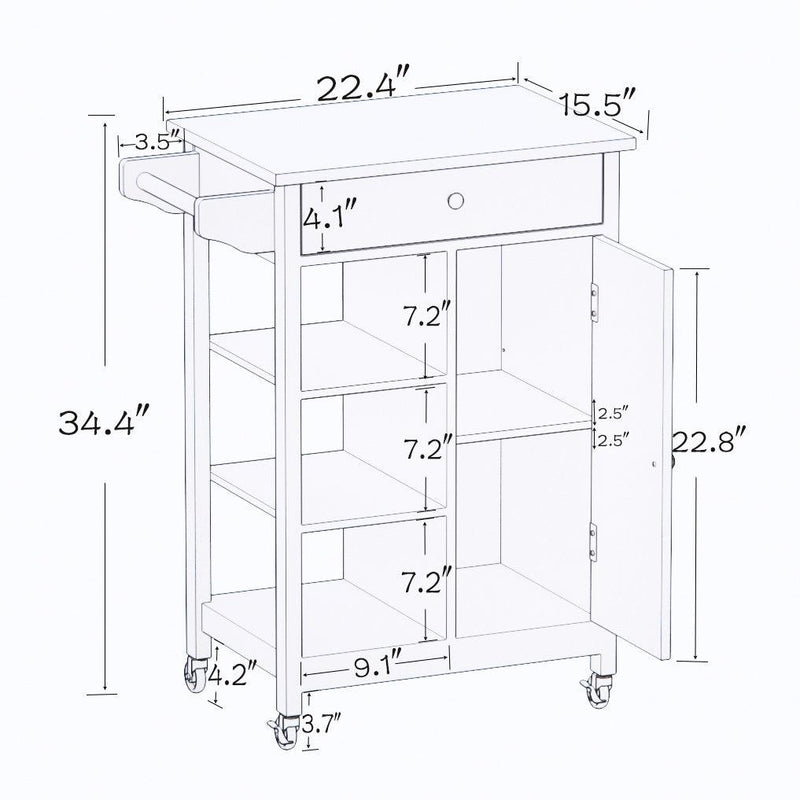 Kitchen island rolling trolley cart with Adjustable Shelves and towel rack rubber wood table top - Supfirm