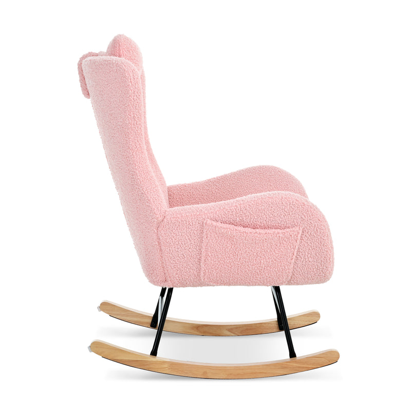 Supfirm Rocking Chair Nursery, Teddy Upholstered Rocker Glider Chair with High Backrest, Adjustable Headrest & Pocket, Comfy Glider Chair for Nursery, Bedroom, Living Room, Offices, Rubber wood, pink