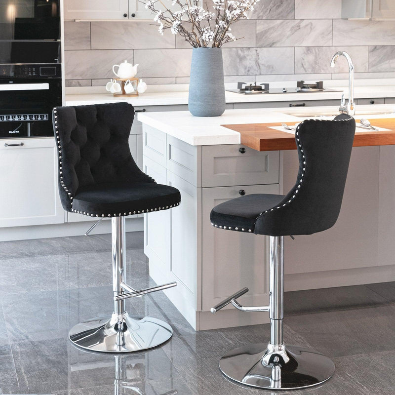 A&A Furniture,Swivel Velvet Barstools Adjusatble Seat Height from 25-33 Inch, Modern Upholstered Chrome base Bar Stools with Backs Comfortable Tufted for Home Pub and Kitchen Island（Black,Set of 2） - Supfirm