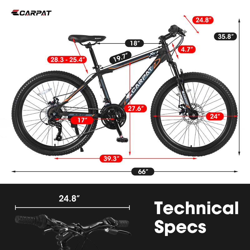 Supfirm S24102   24 Inch Mountain Bike Boys Girls, Steel  Frame, 21 Speed Mountain Bicycle with Daul Disc Brakes and Front Suspension MTB