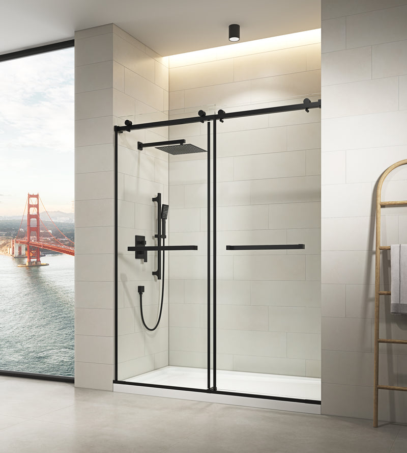 Supfirm 60 in. W x 76 in. HSliding Frameless Shower Door in Matte Black with Clear Glass