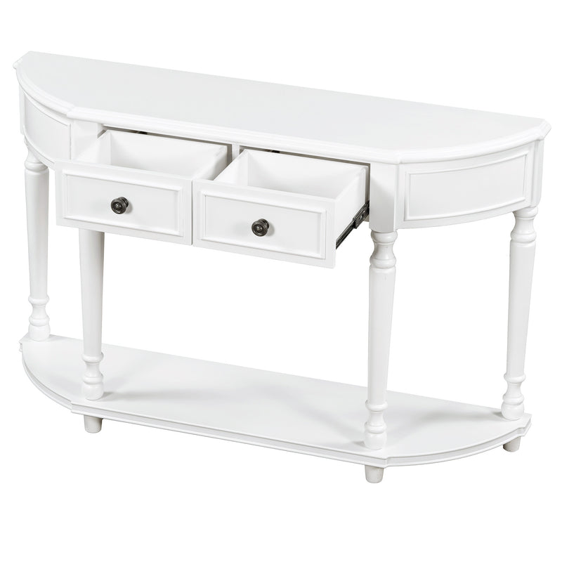 Supfirm TREXM Retro Circular Curved Design Console Table with Open Style Shelf Solid Wooden Frame and Legs Two Top Drawers (White, OLD SKU: WF298768AAK)