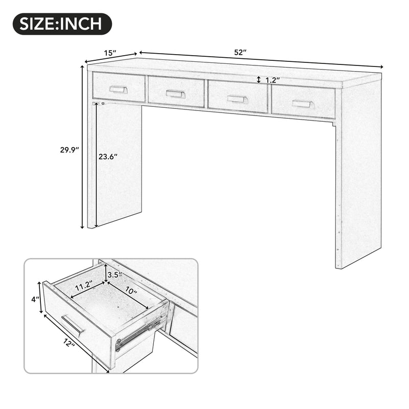 Supfirm TREXM Modern Minimalist Console Table with Open Tabletop and Four Drawers with Metal Handles for Entry Way, Living Room and Dining Room (White)