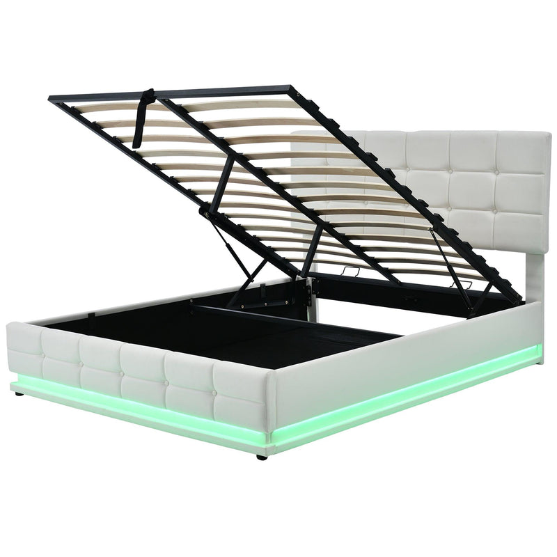 Tufted Upholstered Platform Bed with Hydraulic Storage System,Queen Size PU Storage Bed with LED Lights and USB charger, White - Supfirm