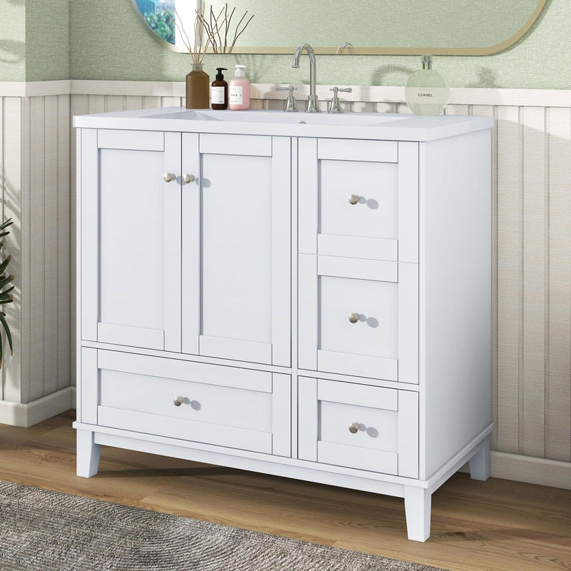 Supfirm 36 Inch Modern Bathroom Vanity with USB Charging, Two Doors and Three Drawers Bathroom Storage Vanity Cabinet, Small Bathroom Vanity cabinet with single sink , White & Gray Blue - Faucets Not Included - Supfirm