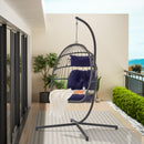 Supfirm Outdoor Garden Rattan Egg Swing Chair Hanging Chair Dark Blue Cushion