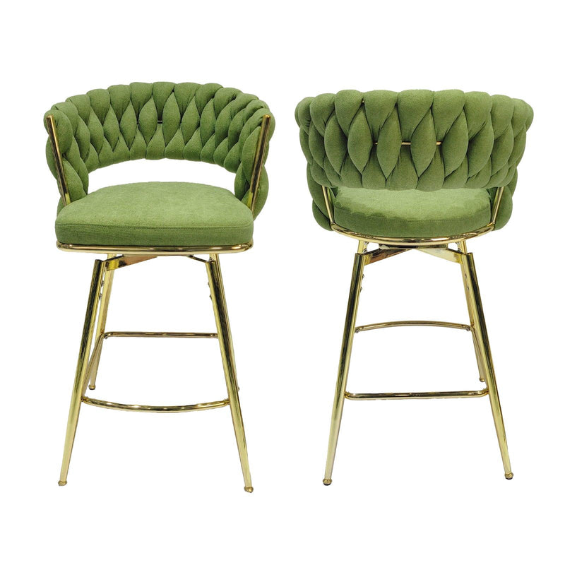 Bar Chair Linen Woven Bar Stool Set of 2,Golden legs Barstools No Adjustable Kitchen Island Chairs,360 Swivel Bar Stools Upholstered Bar Chair Counter Stool Arm Chairs with Back Footrest, (Green) - Supfirm