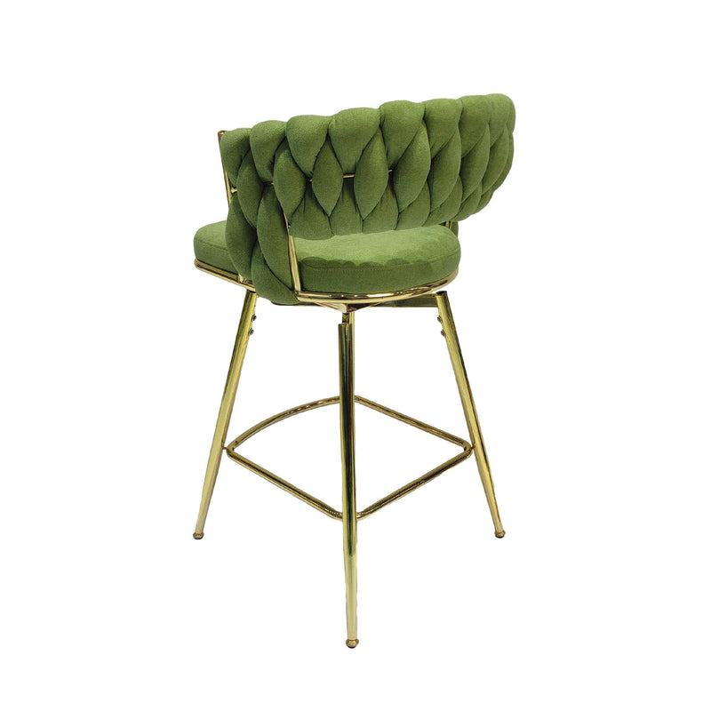 Bar Chair Linen Woven Bar Stool Set of 2,Golden legs Barstools No Adjustable Kitchen Island Chairs,360 Swivel Bar Stools Upholstered Bar Chair Counter Stool Arm Chairs with Back Footrest, (Green) - Supfirm