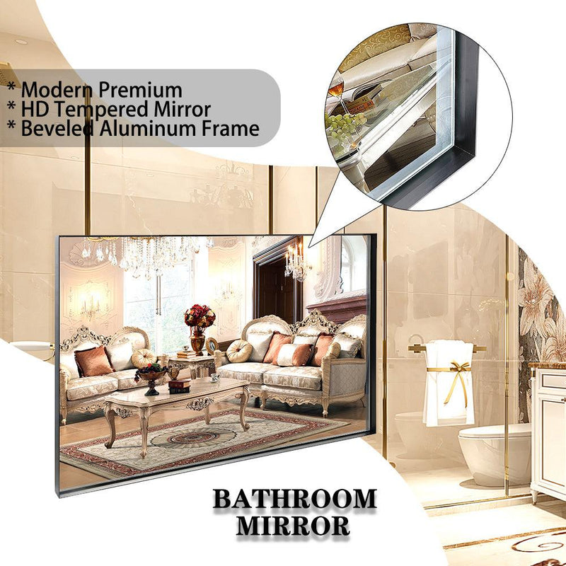 40x30inch Glossy Black Bathroom Mirrors For Wall Rectangle Vanity Mirror Corner Hangs Farmhouse Mirror Modern Metal Framed Rectangular Mirror, Decorative Square Corner Mirror(Horizontal & Vertical) - Supfirm