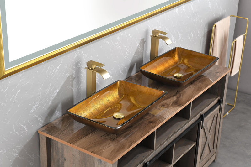 Supfirm 22.25" L -14.25" W -4 1/2" H Glass Rectangular Vessel Bathroom Sink in Gold  Set with gold Faucet and gold Pop Up Drain