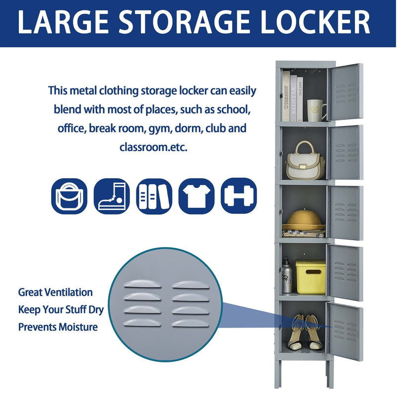 Supfirm 5 Door 66"H Metal Lockers With Lock for Employees,Storage Locker Cabinet  for Home Gym Office School Garage,Gray