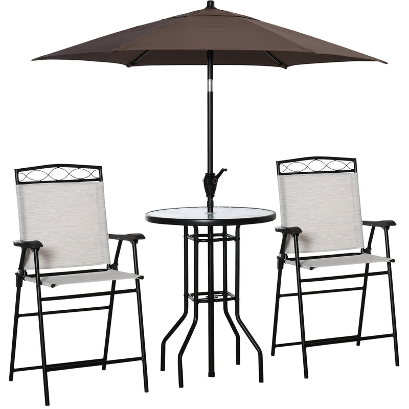 Supfirm 4 Piece Outdoor Patio Dining Furniture Set, 2 Folding Chairs, Adjustable Angle Umbrella, Wave Textured Tempered Glass Dinner Table, Beige