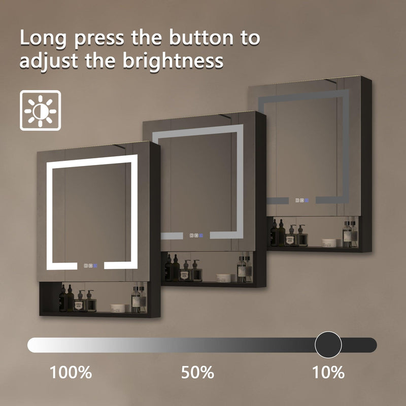 Supfirm Lighted Medicine Cabinet 24 x 32 Inch, Recessed or Surface,Clock, Room Temp Display,Defog,Night Light,Stepless Dimming,3000K-6400K, Outlets & USBs,Hinge on The Right . With External Storage Shelf. - Supfirm