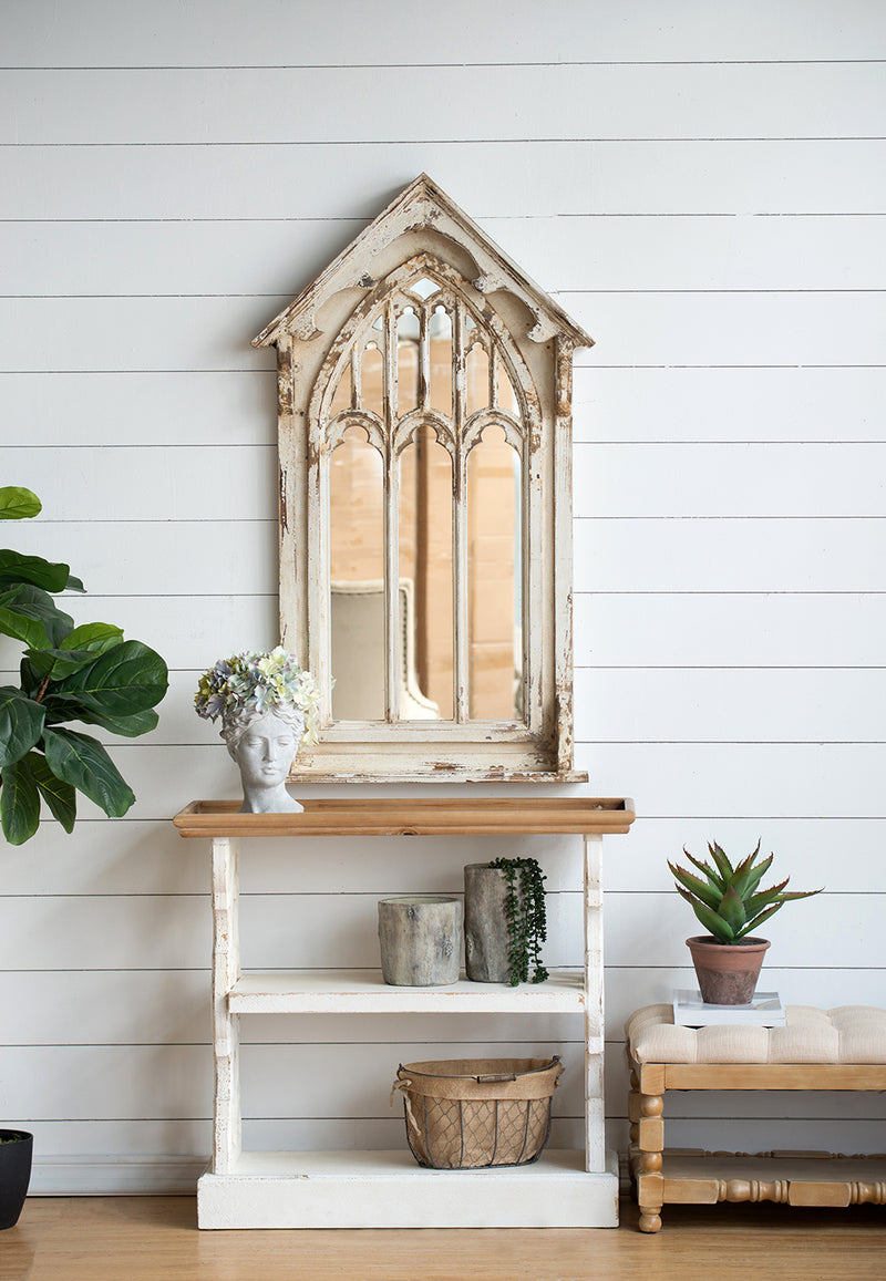 Supfirm 35.5" x 14" x 32" Distressed White and Natural Wood Shelf Tray, French Country Console Table