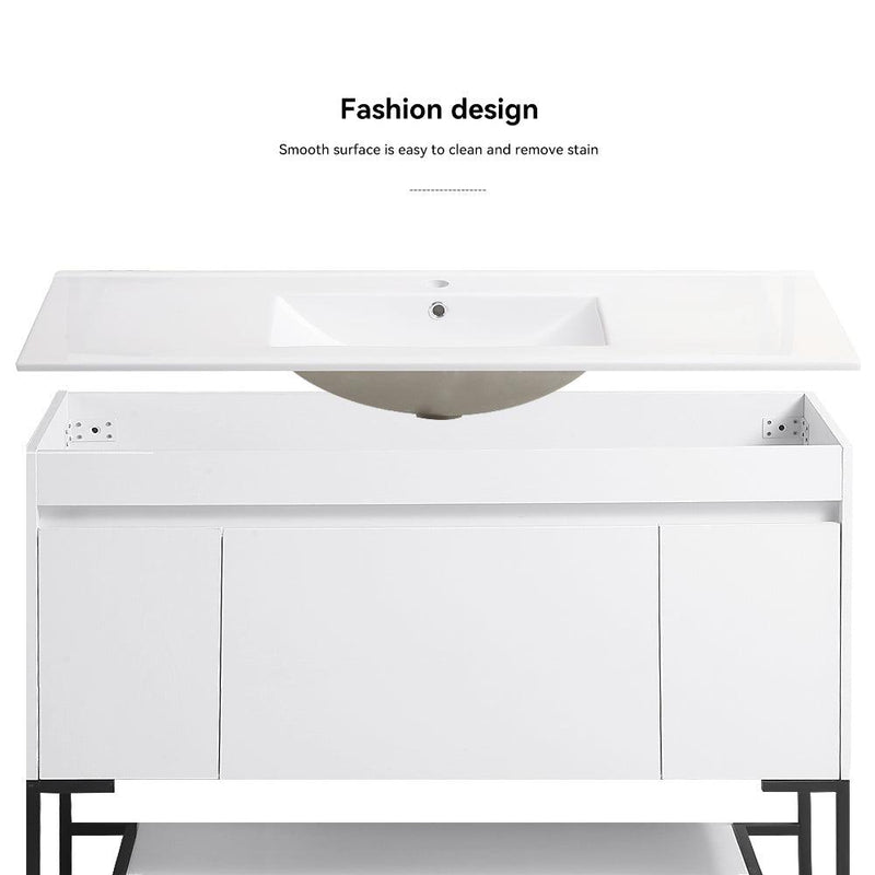 48" Bathroom Vanity with Sink,Bathroom Vanity Cabinet with Two Soft Close Cabinet Doors & soft-close Drawers,Bathroom Storage Cabinet with a Lower Open Shelf,with Metal Legs,White Ceramic Sink,White - Supfirm