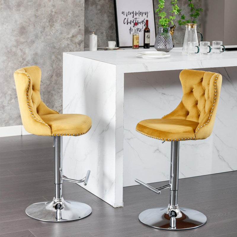 A&A Furniture,Swivel Velvet Barstools Adjusatble Seat Height from 25-33 Inch, Modern Upholstered Chrome base Bar Stools with Backs Comfortable Tufted for Home Pub and Kitchen Island（Gold,Set of 2） - Supfirm