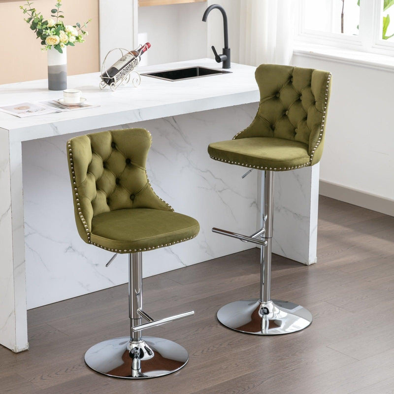 Swivel Velvet Barstools Adjusatble Seat Height from 25-33 Inch, Modern Upholstered Chrome base Bar Stools with Backs Comfortable Tufted for Home Pub and Kitchen Island, Olive-Green,Set of 2,1712OL - Supfirm