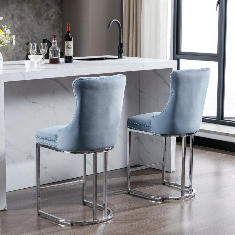 26" Counter Height Bar Stools Set of 2, Modern Velvet Barstools with Button Back&Rivet Trim Upholstered Kitchen Island Chairs with Sturdy Chromed Metal Base Legs Farmhouse Bar Stools,Light Blue,2 Pack - Supfirm