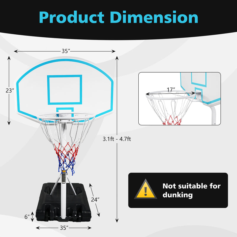 Supfirm Poolside Basketball Hoop Portable Swimming Pool Basketball System Height Adjustable 3.1ft-4.7ft with 36" Backboard for Indoor Outdoor Use Blue