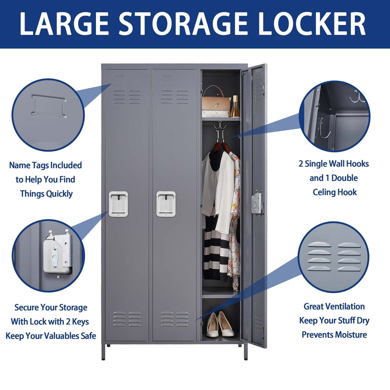 Supfirm 3 Door 72"H Metal Lockers With Lock for Employees,Storage Locker Cabinet  for Home Gym Office School Garage,Gray