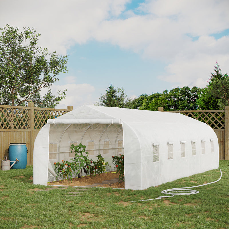 Supfirm 26' x 10' x 7' Walk-In Greenhouse Tunnel, Large Gardening Plant Hot House with 12 Windows and Zipper Doors for Backyard, White