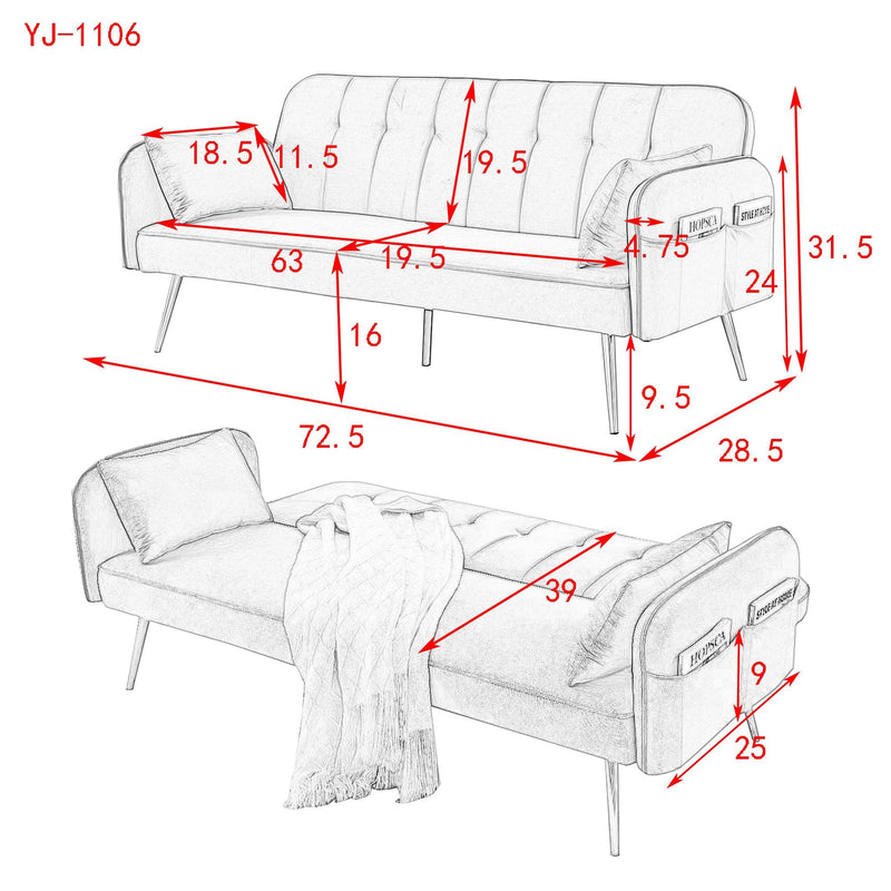 72.5" Convertible Sofa Bed, Adjustable Velvet Sofa Bed - Velvet Folding Lounge Recliner - Reversible Daybed - Ideal for Bedroom with Two Pillows and Center Leg - Supfirm