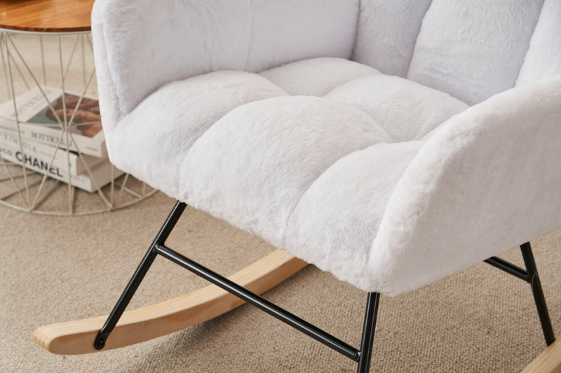 Supfirm Rocking Chair Nursery, Solid Wood Legs Reading Chair with Faux Fur Upholstered , Nap Armchair for Living Rooms, Bedrooms, Offices, Best Gift,White Faux Fur