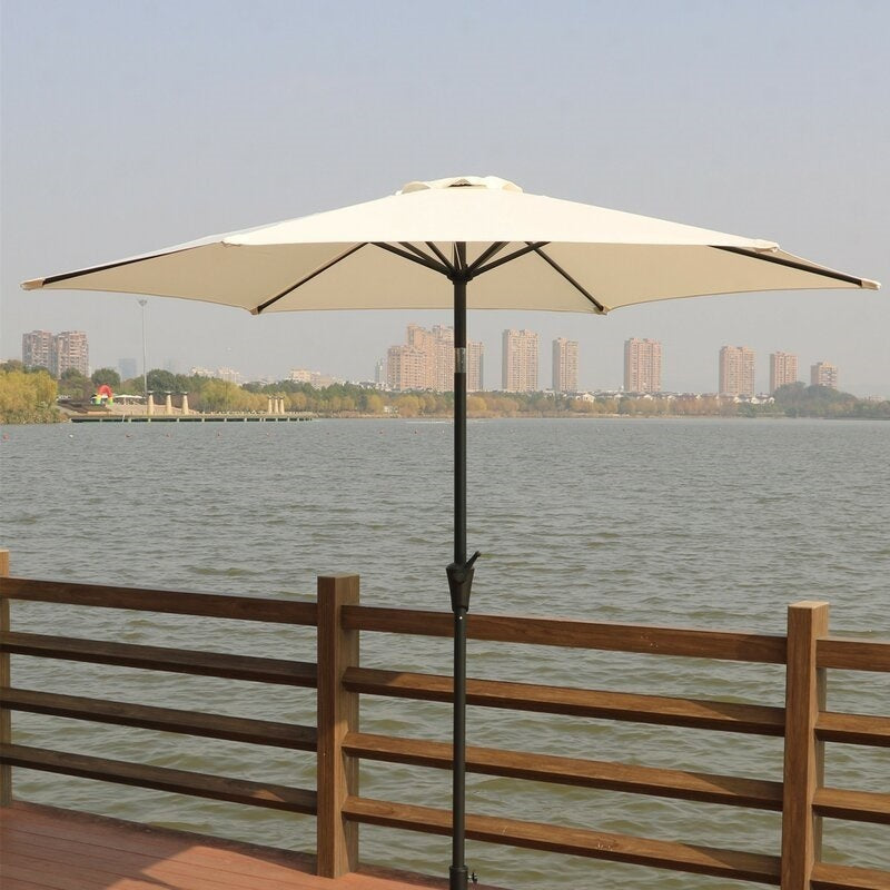 Supfirm 8.8 feet Outdoor Aluminum Patio Umbrella, Patio Umbrella, Market Umbrella with 42 pounds Round Resin Umbrella Base, Push Button Tilt and Crank lift, Creme