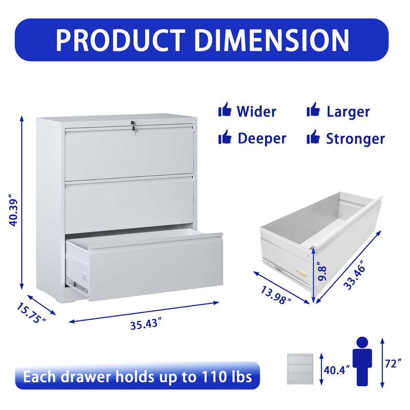 Supfirm Lateral File Cabinet 3 Drawer, White Filing Cabinet with Lock, Lockable File Cabinet for Home Office, Locking Metal File Cabinet for Legal/Letter/A4/F4 Size