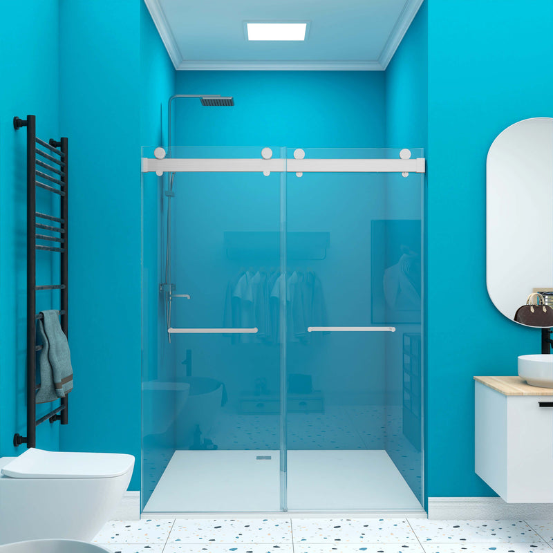 Supfirm Frameless Double Sliding Shower, 57" - 60" Width, 79" Height, 3/8" (10 mm) Clear Tempered Glass, , Designed for Smooth Door with Clear Tempered Glass and Stainless Steel Hardware Brushed Nickel