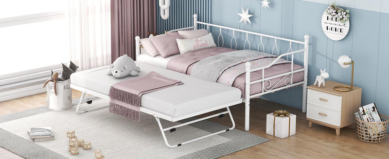 Twin Size Metal Daybed with Twin Size Adjustable Trundle, Portable Folding Trundle, White - Supfirm