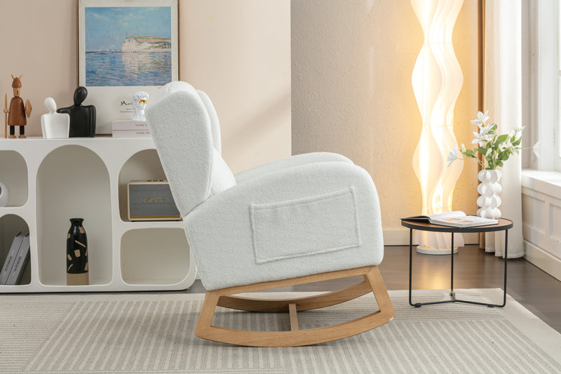 Supfirm 049-Teddy Fabric Rocking Chair With Packet Wood Legs,Ivory