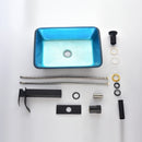 Supfirm 18.125" L -13.0" W -4 1/8" H Handmade Countertop Glass Rectangular Vessel Bathroom Sink Set in Turquoise Finish with Matte Black Single-Handle Single Hole Faucet and Pop Up Drain